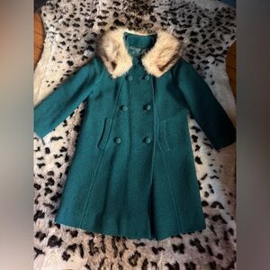 Women's Teal Double-Breasted Wool Coat with Faux Fur Collar